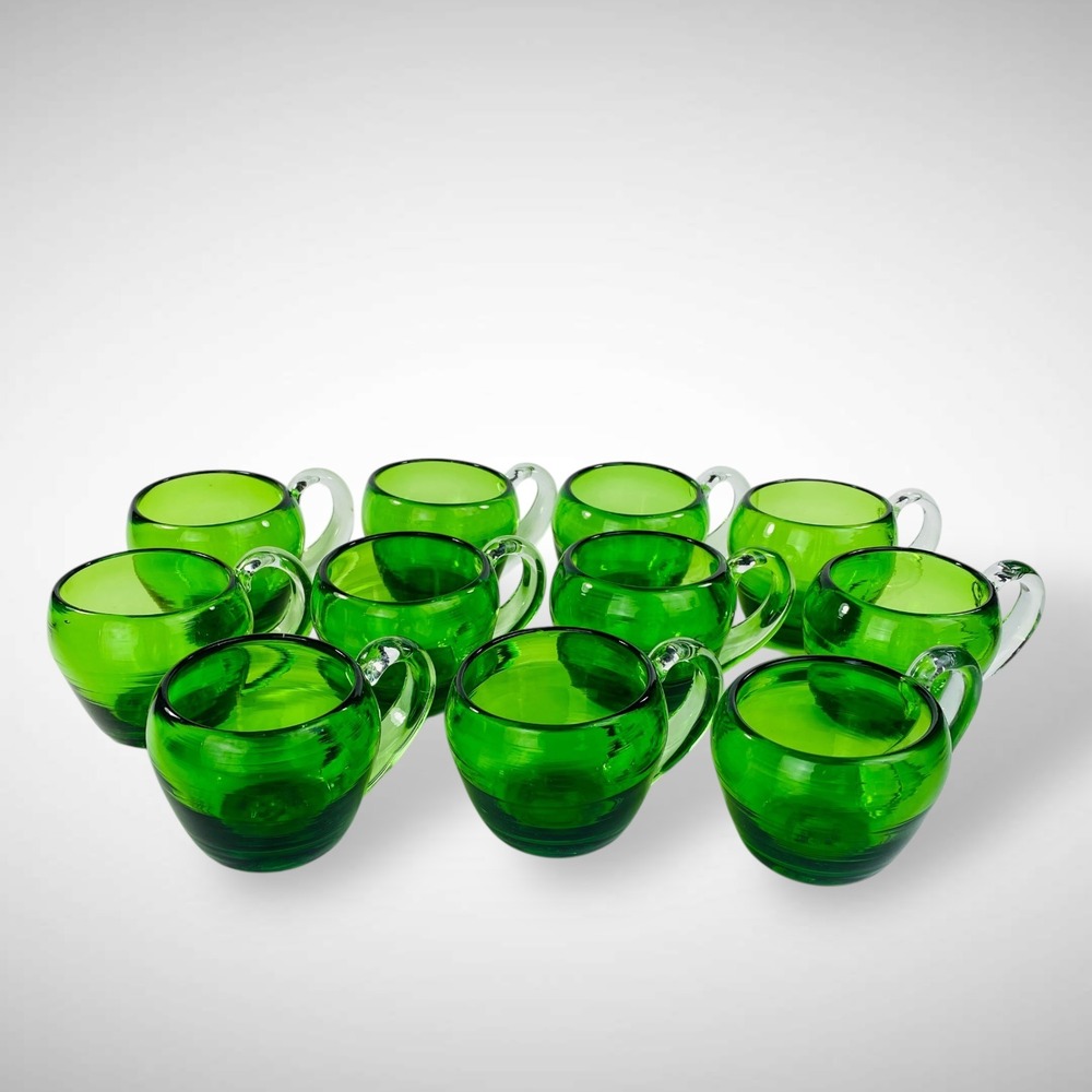 Scandinavian Emerald Punch Cups Set 11 Hand Blown MCM Pontil - Picture 1 of 10